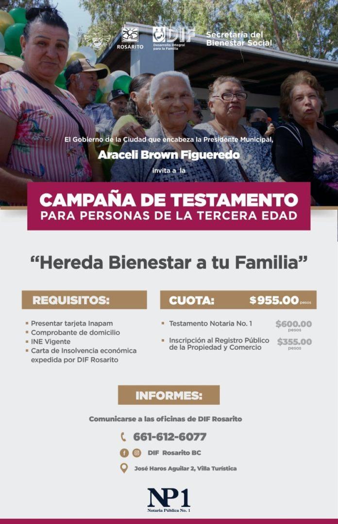 Invita DIF Rosarito a aprovechar beneficios de la campaña de testamento para personas de la tercera edad 'Hereda Bienestar a tu familia'. lasnoticias.info