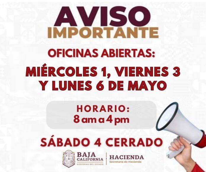 PERMANECERÁN ABIERTAS OFICINAS DE RECAUDACIÓN DE RENTAS Y MÓDULOS REPUVE EL PRÓXIMO VIERNES 3 Y LUNES 6 DE MAYO. lasnoticias.info