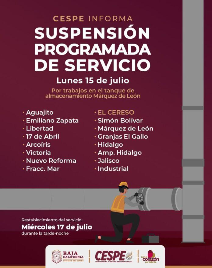 ANUNCIA CESPE SUSPENSIÓN PROGRAMADA DEL SERVICIO POR TRABAJO EN TANQUES MÁRQUEZ DE LEÓN. lasnoticias.info