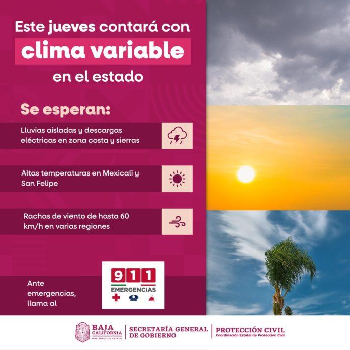 INFORMA PROTECCIÓN CIVIL ESTATAL SOBRE LLUVIAS AISLADAS Y AMBIENTE CALUROSO PARA ESTE JUEVES EN BAJA CALIFORNIA.lasnoticias.info