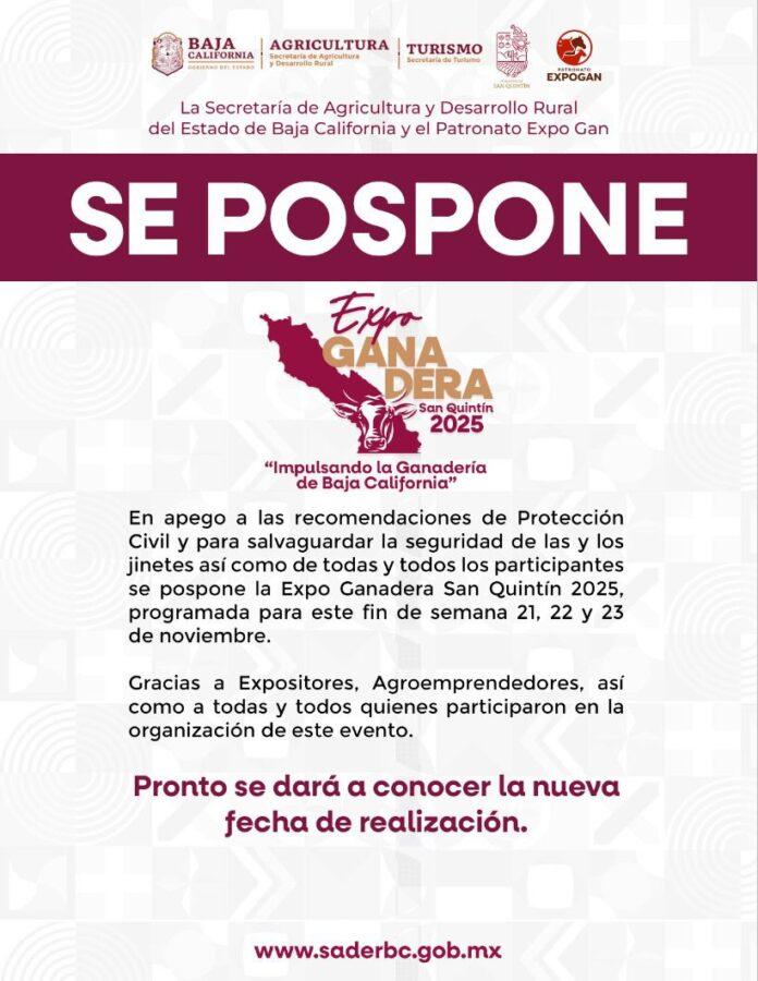 POSPONE SADER BC ACTIVIDADES DE LA EXPOGANADERA SAN QUINTIN 2025.lasnoticias.info