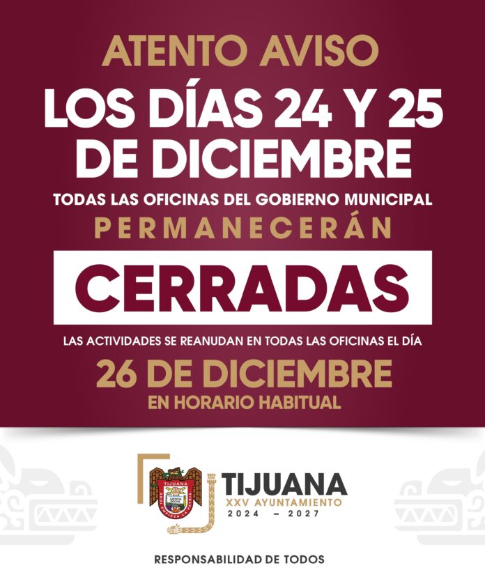 Serán 24 y 25 de diciembre días inhábiles para el personal que labora en el Gobierno Municipal