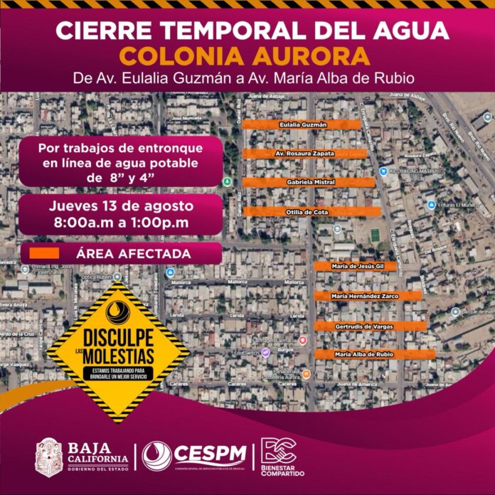 CESPM REALIZARÁ CIERRE TEMPORAL DE AGUA POTABLE EN LA COLONIA AURORA POR TRABAJOS DE ENTRONQUE.lasnoticias.info
